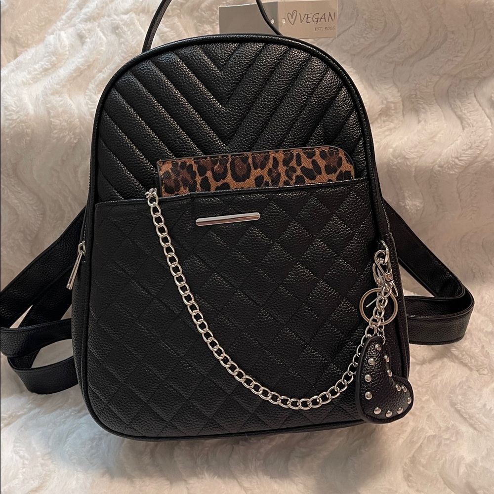 NWT Vegan Leather Quilted Backpack w/Leopard Insert & Heart Keychain